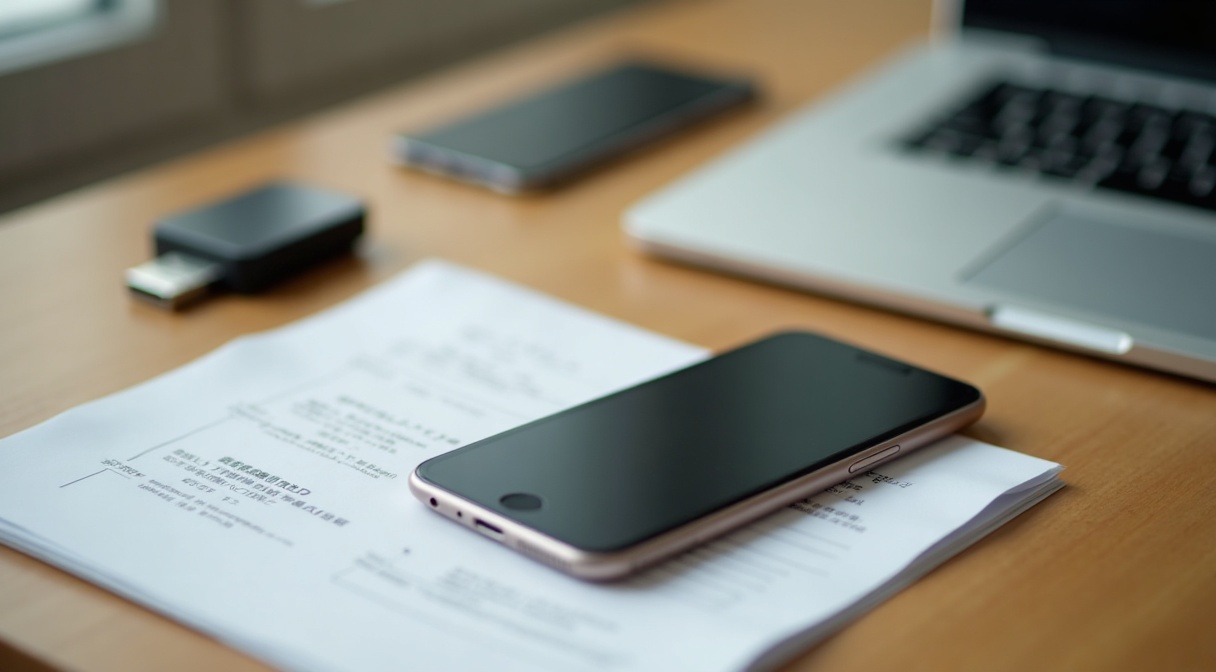 机の上に置かれたスマートフォンとICカードリーダー、傍らの書類